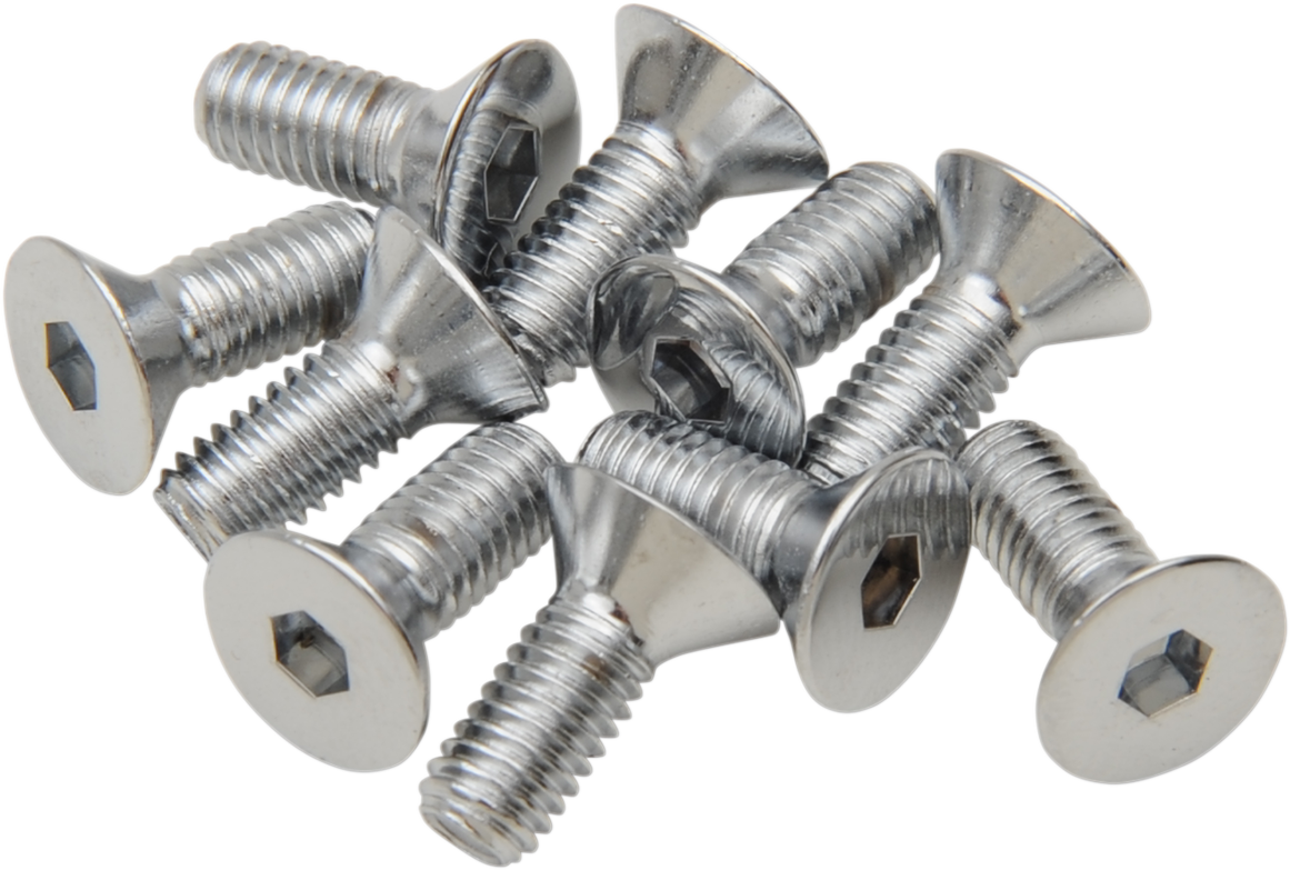 Chrome flat-head bolts by Drag Specialties, size 10-32 x 3/4 inch, shown as replacement fasteners on a motorcycle part.