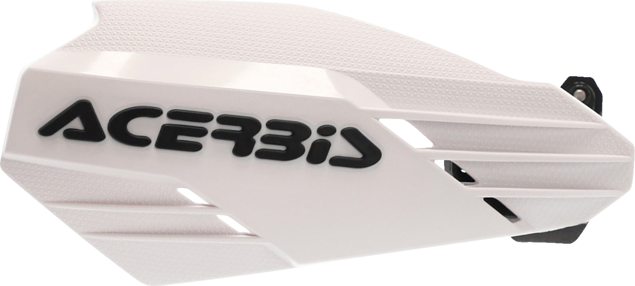 Acerbis K-Linear handguards in white and black mounted on a motorcycle handlebar, designed for protection and style.