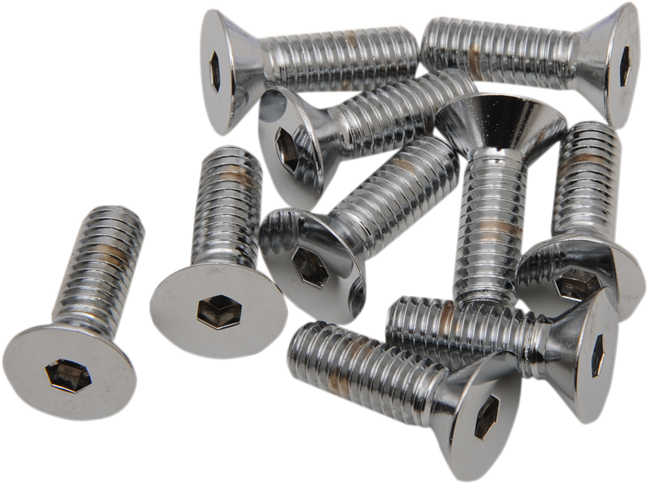 Chrome flat-head bolts by Drag Specialties, 5/16-inch by 3/4-inch size, featuring a sleek, polished finish for motorcycle parts.