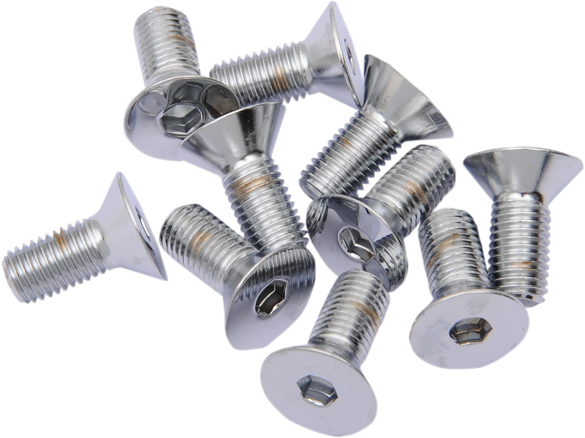 Chrome flat-head bolts by Drag Specialties, 5/16"-24 x 5/8" size, featuring a sleek, polished finish and sturdy construction.
