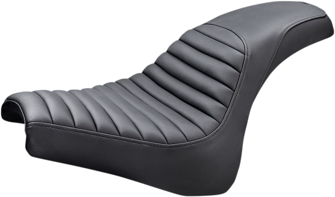 Bill's Exhausts SADDLEMEN Profiler Seat with Tuck and Roll design, motorcycle seat featuring black leather upholstery and detailed stitching.