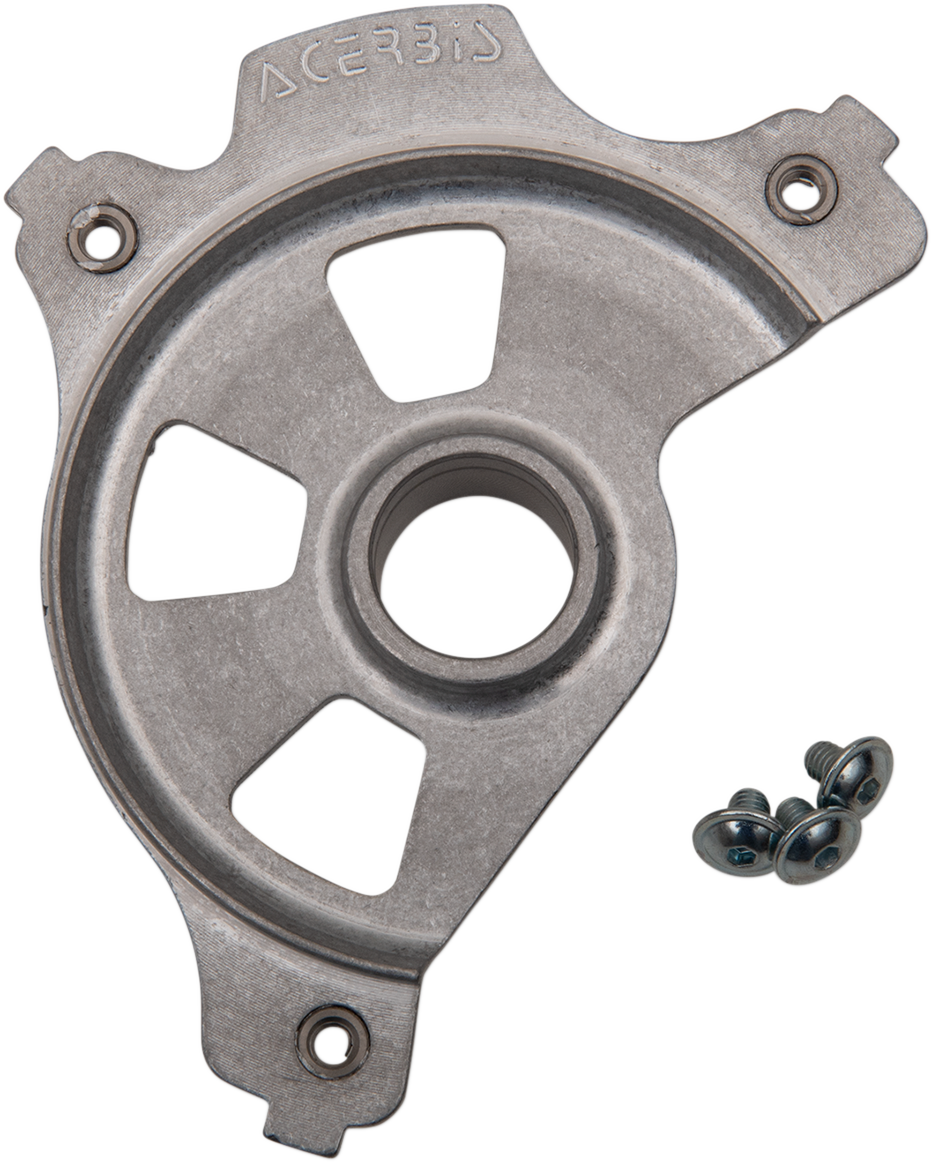 Unfinished ACERBIS disc cover mount kit for Kawasaki motorcycles, displayed on a body component with mounting holes and metallic finish.