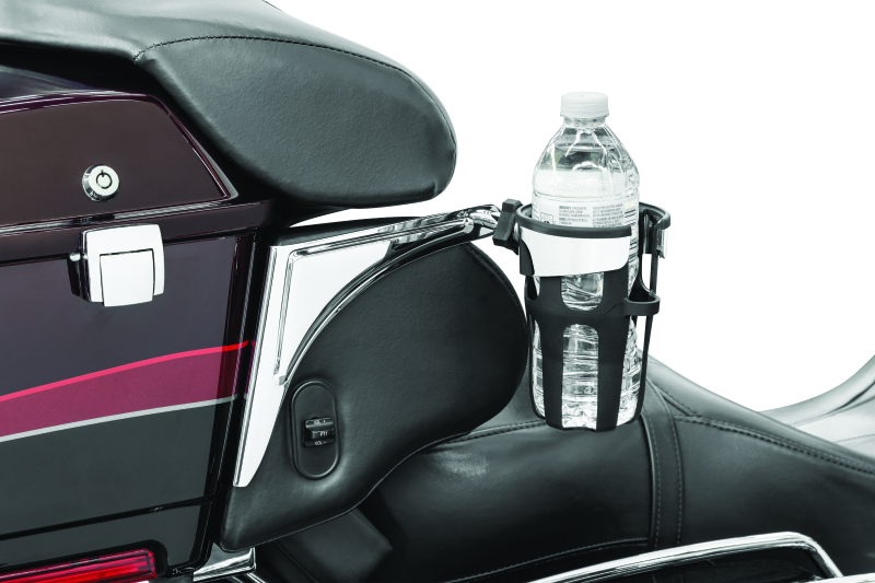 Chrome Kuryakyn Reflex Drink Holder for Harley-Davidson Touring motorcycles, securely mounted with sleek finish.