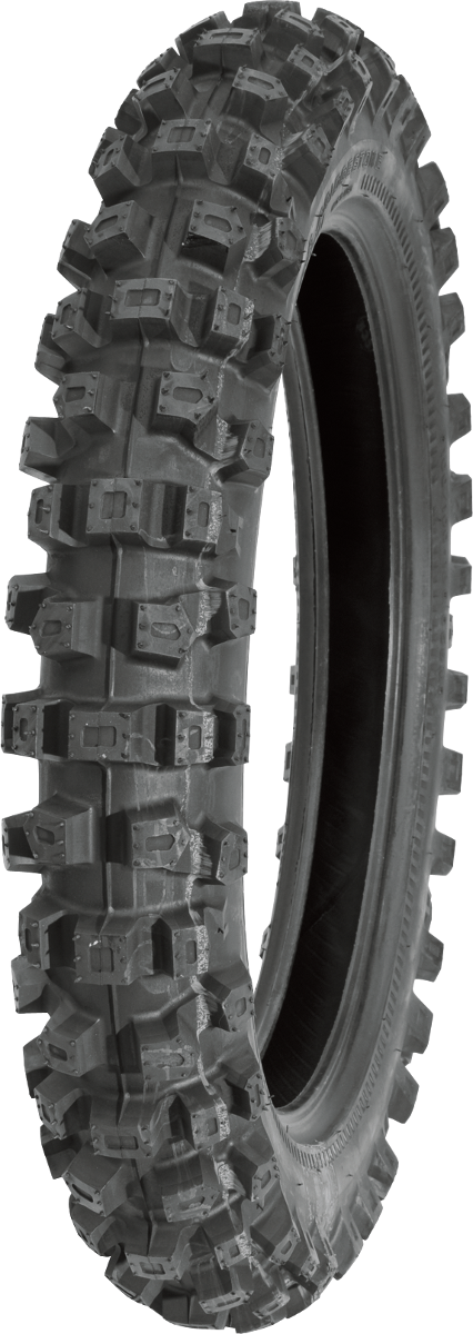 BRIDGESTONE M22 rear motorcycle tire 3.00-16 with textured tread for improved grip and handling on various terrains.