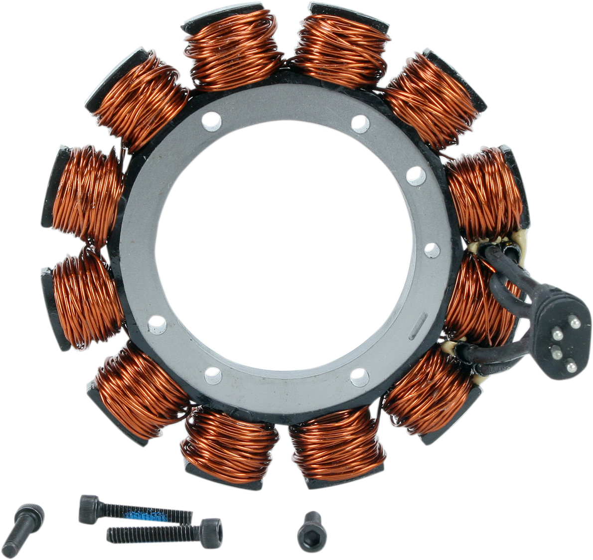Drag Specialties 4-wire stator for '70-'75 FX FL motorcycles, showing the electrical component with wiring connections.