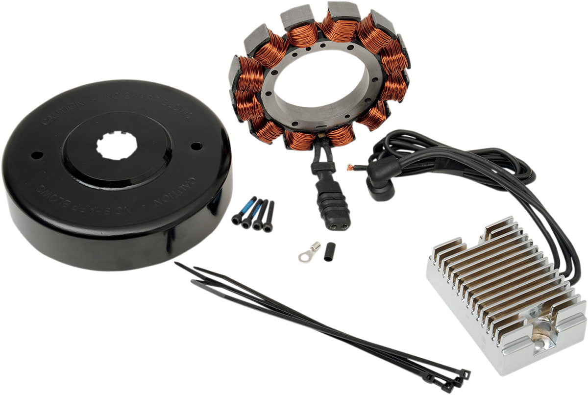 DRAG SPECIALTIES 32A charging kit with chrome voltage regulator, part #29985-87HV-BXLB, showing the chrome voltage regulator and wiring.