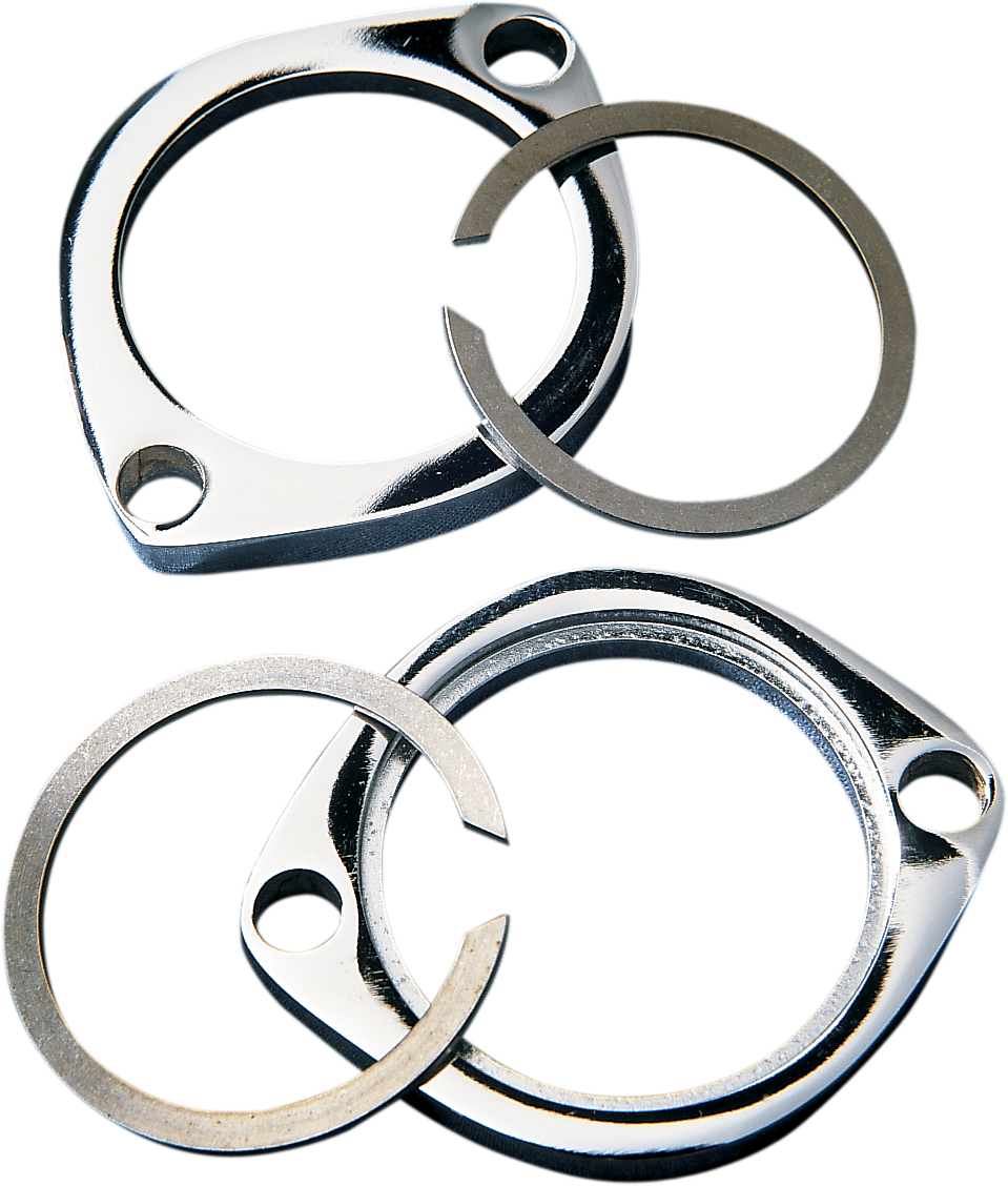 Chrome exhaust flange kit by Drag Specialties, featuring metal components and mounting hardware for motorcycle exhaust systems.