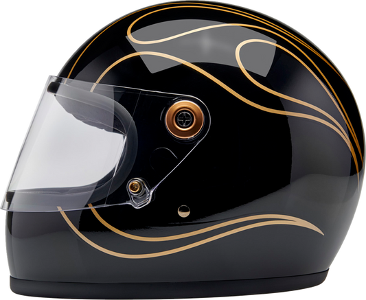 Bill's Exhausts BILTWELL Gringo S helmet in gloss black with flame design, medium size, motorcycle helmet for rider safety and style.