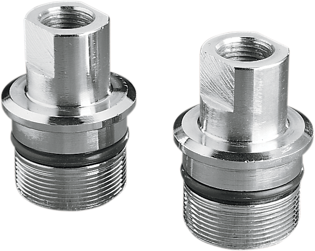 Chrome lower fork tube plug by Drag Specialties, part 23-0213-BC114, shown installed on motorcycle fork in close-up view.