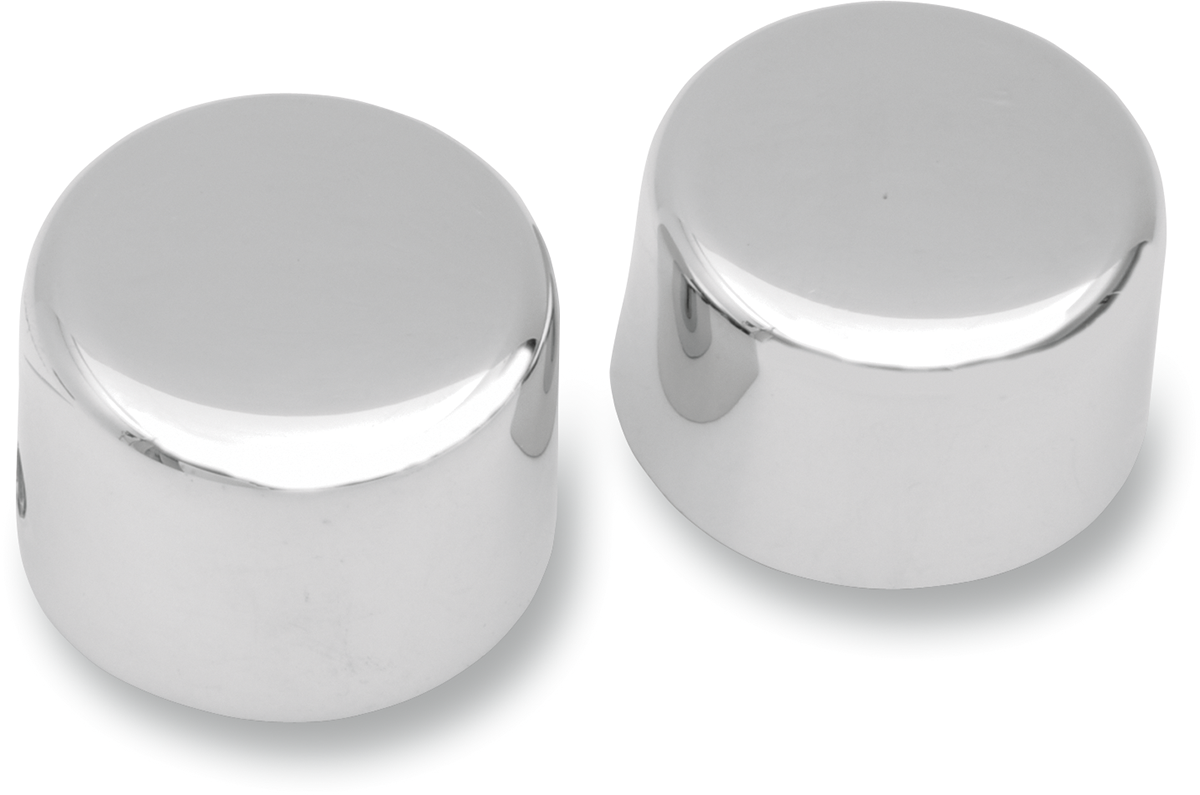DRAG SPECIALTIES front axle caps for Harley-Davidson bikes from 1972 to 2006, showcasing black metal caps with engraved branding.