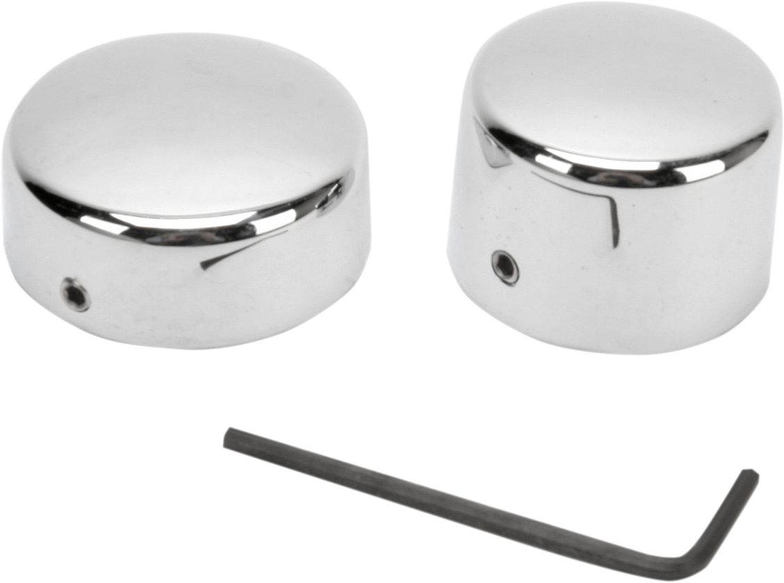 DRAG SPECIALTIES rear axle caps for Harley-Davidson '57-'81, black metal caps with engraved logo, designed for motorcycle rear axle.