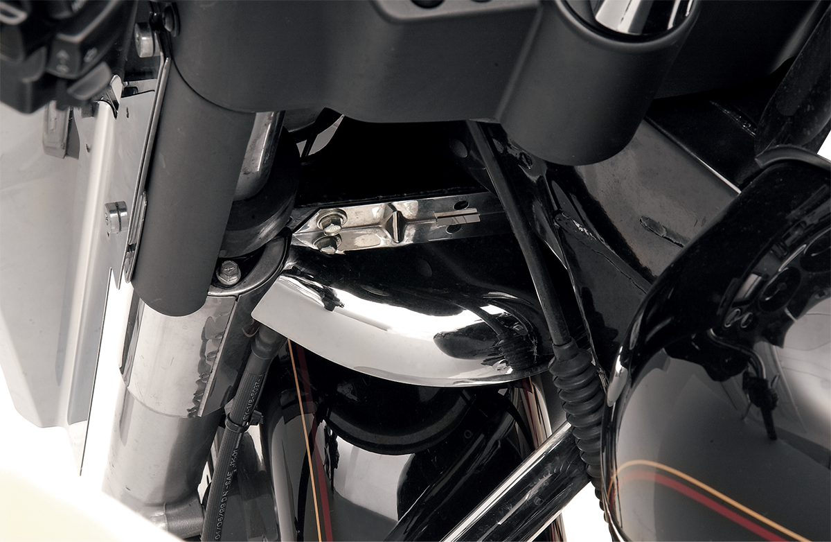 Chrome front fork air baffle for motorcycles by DRAG SPECIALTIES, designed to fit and enhance front suspension appearance.