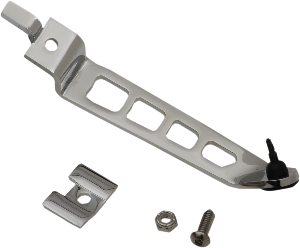 Chrome Drag Specialties kickstand extension for Dyna motorcycles, providing added length and stability.