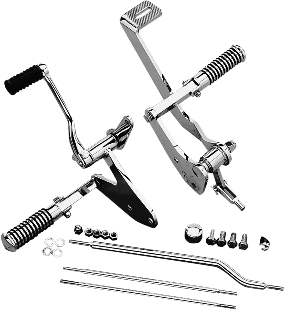 Drag Specialties FXR forward control kit with chrome mounts and hardware for motorcycle, showing footpeg and control components.