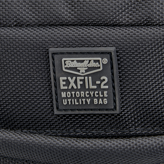 Black Biltwell EXFIL-2 Mini Tank Bag on motorcycle, compact storage solution with durable design, by Bill's Exhausts.