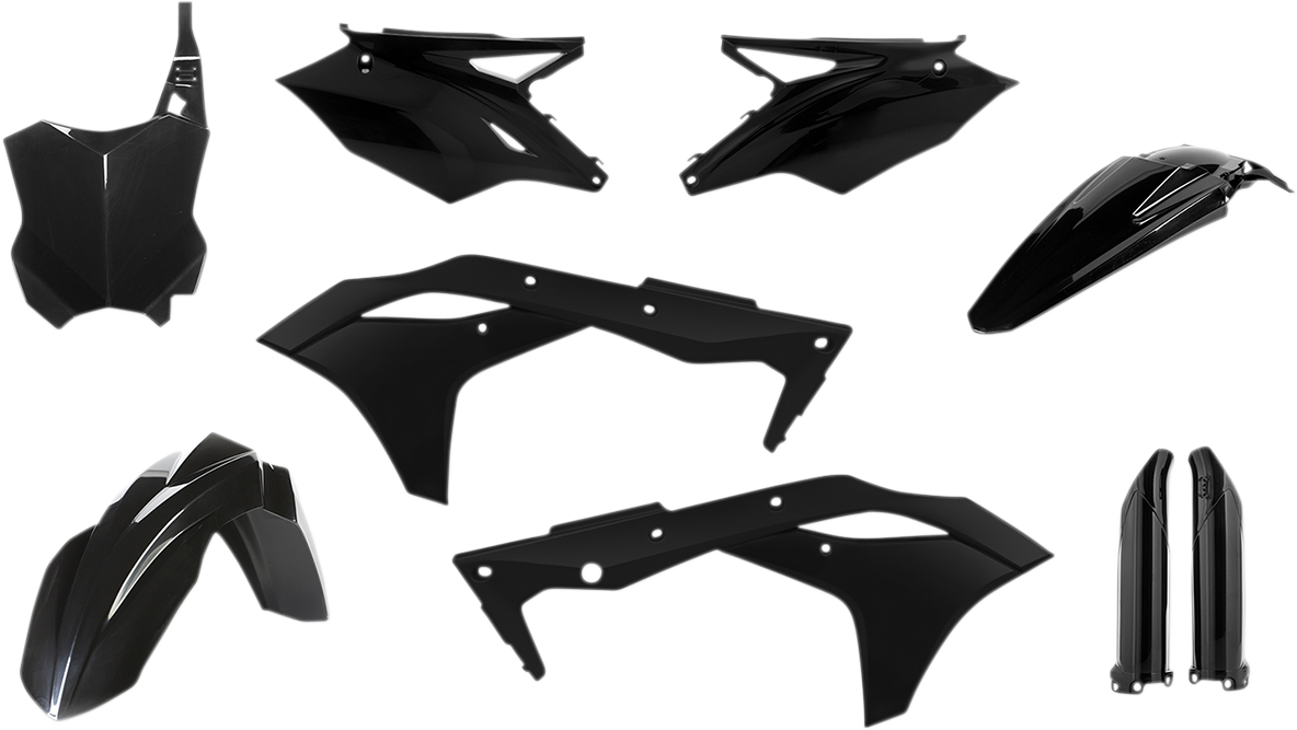 A black Acerbis full replacement body kit for motorcycles, showcasing the sleek, aerodynamic design of the body panel.