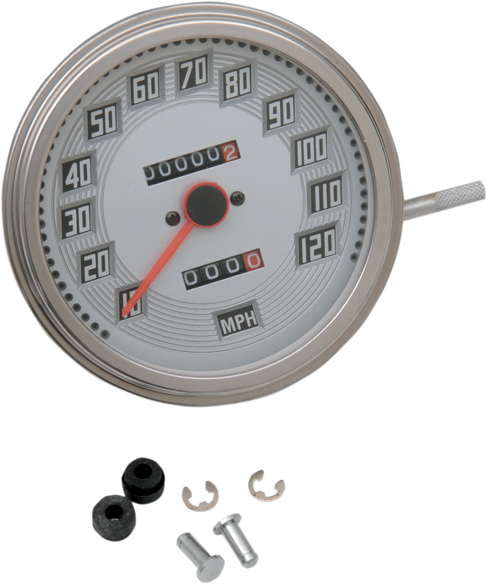 Drag Specialties 5-inch MPH FL-Style 2:1 speedometer with tachometer, billet look white face, motorcycle gauge with mounting hardware