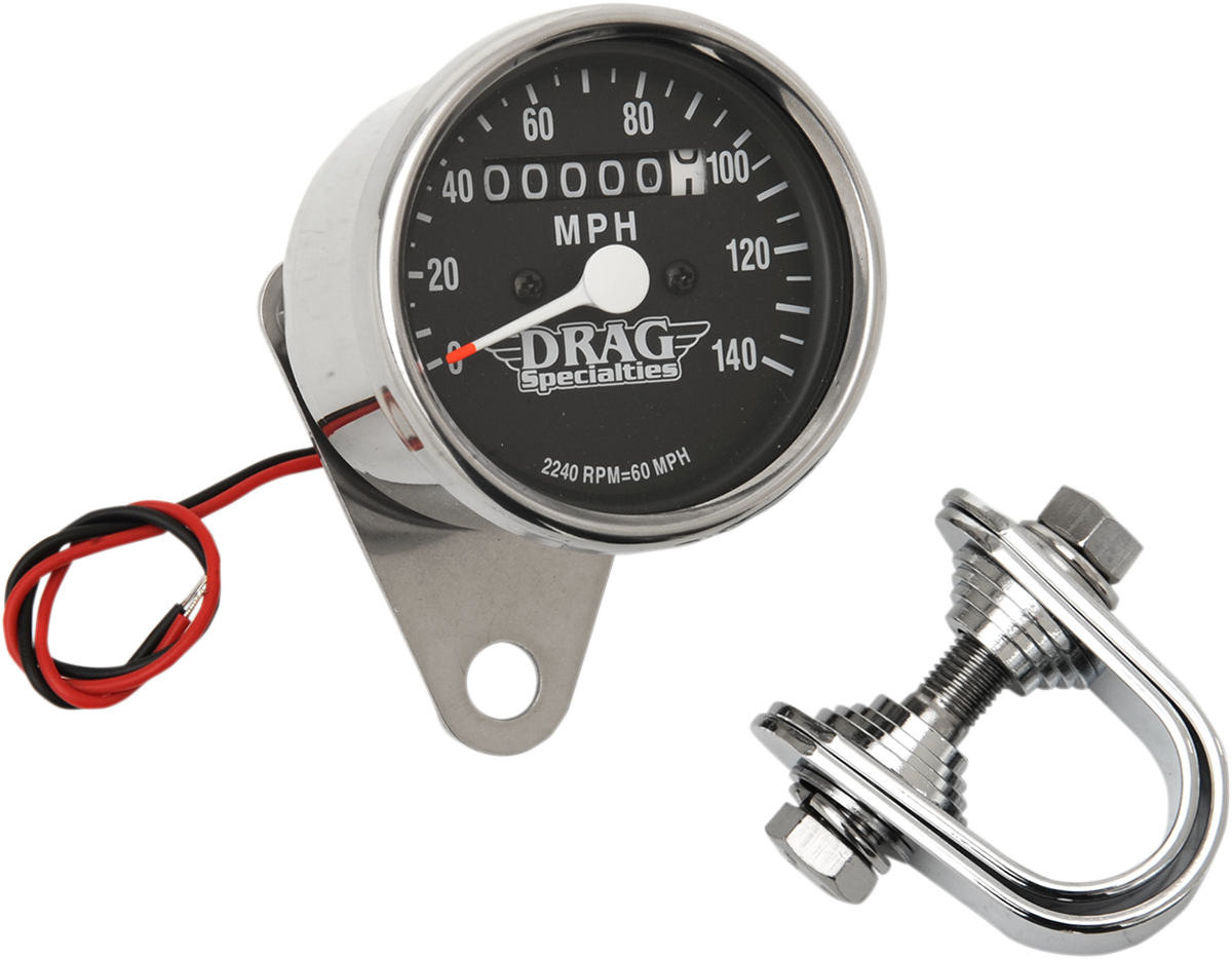 Drag Specialties 2.4-inch MPH mini LED mechanical speedometer with chrome housing and black face for motorcycle displays.
