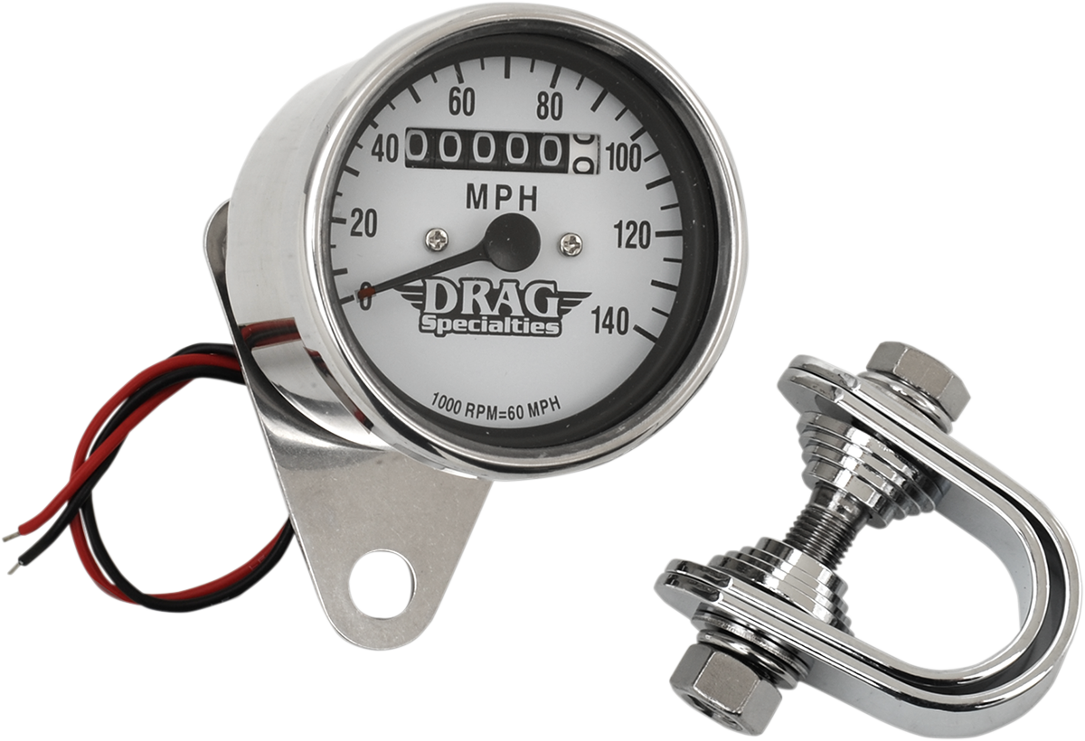 DRAG SPECIALTIES 2.4-inch MPH mini LED mechanical speedometer with chrome housing and white face, showing speedometer dial.