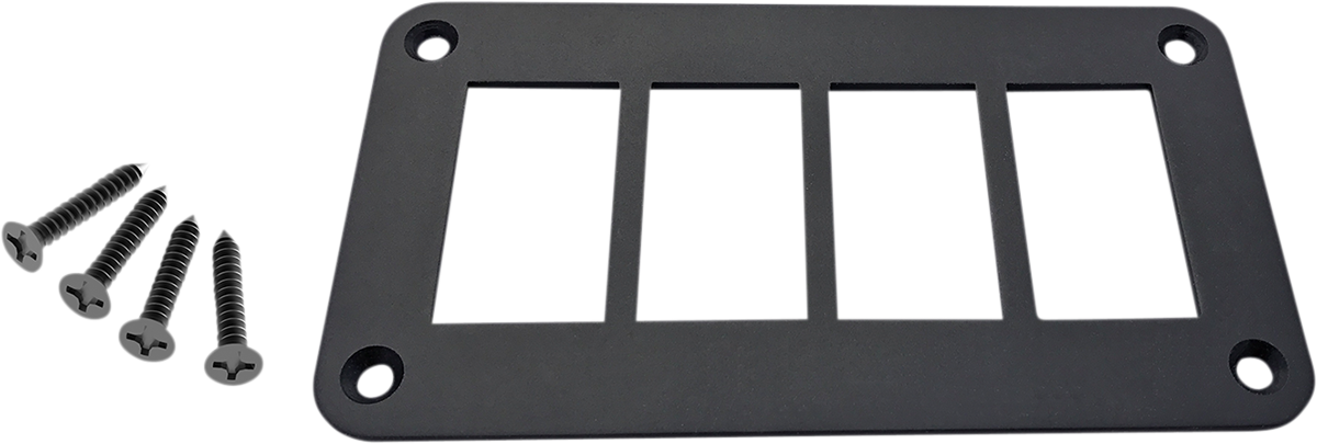 MOOSE OFFROAD universal dash plate for 4 switches, black metal panel with four switch cutouts, suitable for off-road vehicle dashboard.