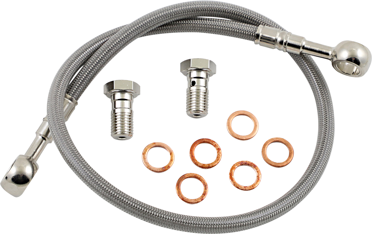 GBRAKES stainless steel bike brake line FK003D224R showing durable, flexible brake hose with metal fittings for enhanced stopping power.