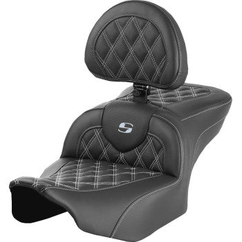 Bill's Exhausts SADDLEMEN RoadSofa™ motorcycle seat with backrest, silver lattice stitch, designed for FLTR/FLHX 2023-2024 models