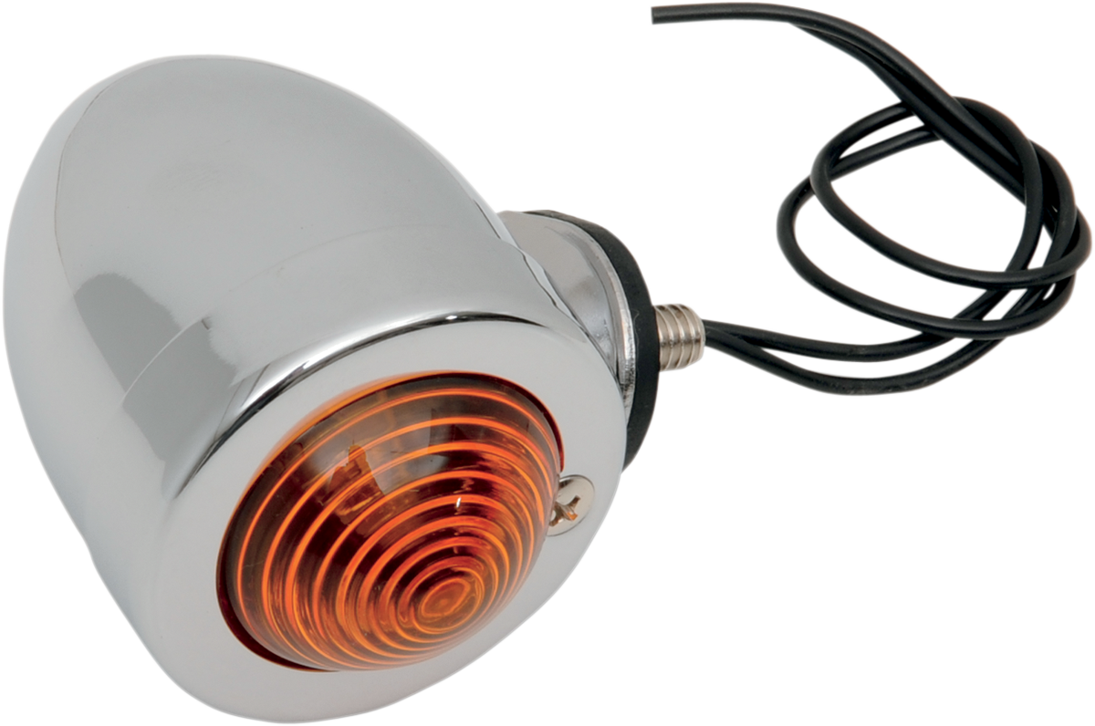 Chrome bullet-style motorcycle tail light with amber lens by Drag Specialties, bottom-mount design, model 162052-BC207.