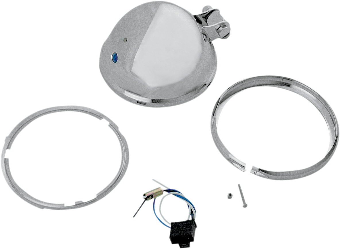 Chrome 5-3/4 inch Drag Specialties bottom mount headlight shell with trim ring for motorcycle headlights, part #20-6002S-BX-LB1