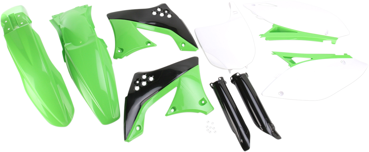 ACERBIS full replacement body kit in OEM green, black, and white for motorcycle, shown on a vehicle.