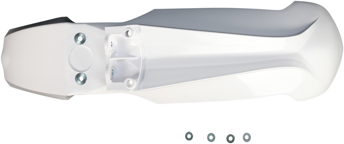 White Acerbis front fender for motorcycle, made of durable body material, designed for motorcycle protection.