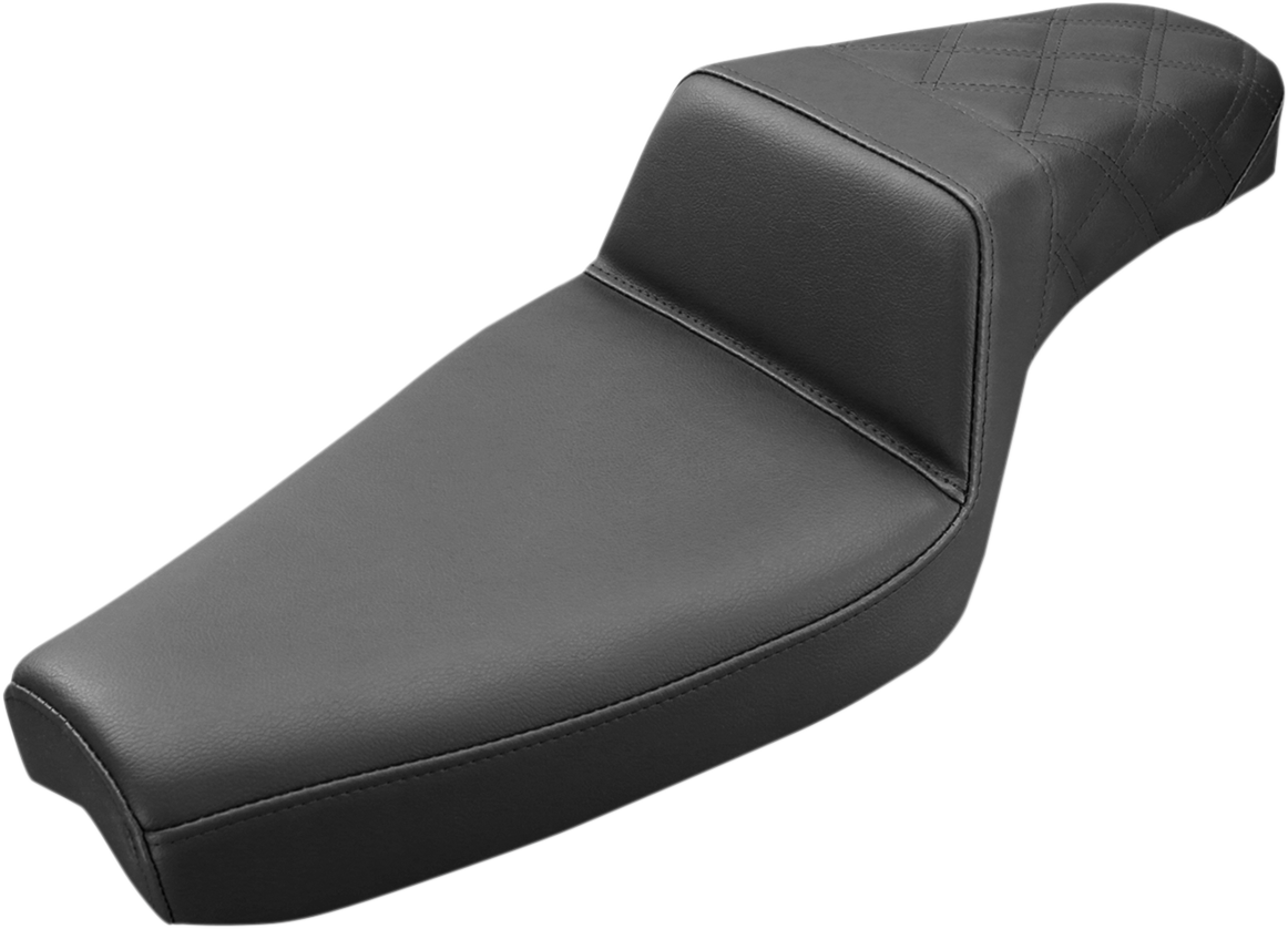 Black SADDLEMEN Step-Up Seat with rear lattice stitch, XL size, designed for motorcycle seats, by Bill's Exhausts.