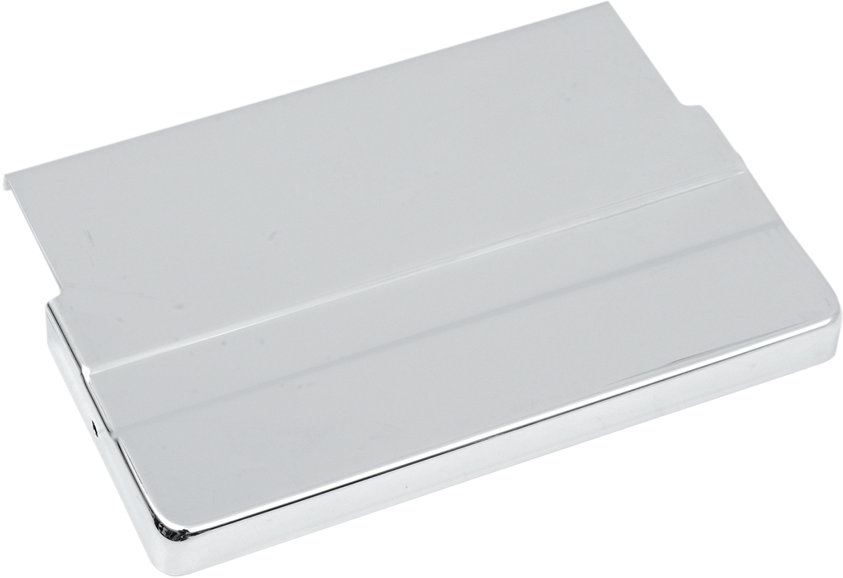 Battery top cover for '65-'84 FLH Harley-Davidson by Drag Specialties, black metal with engraved design, fits model part 13109.