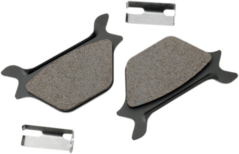 Organic brake pads for Harley-Davidson motorcycles by DRAG SPECIALTIES, showing the brake pad components and packaging.