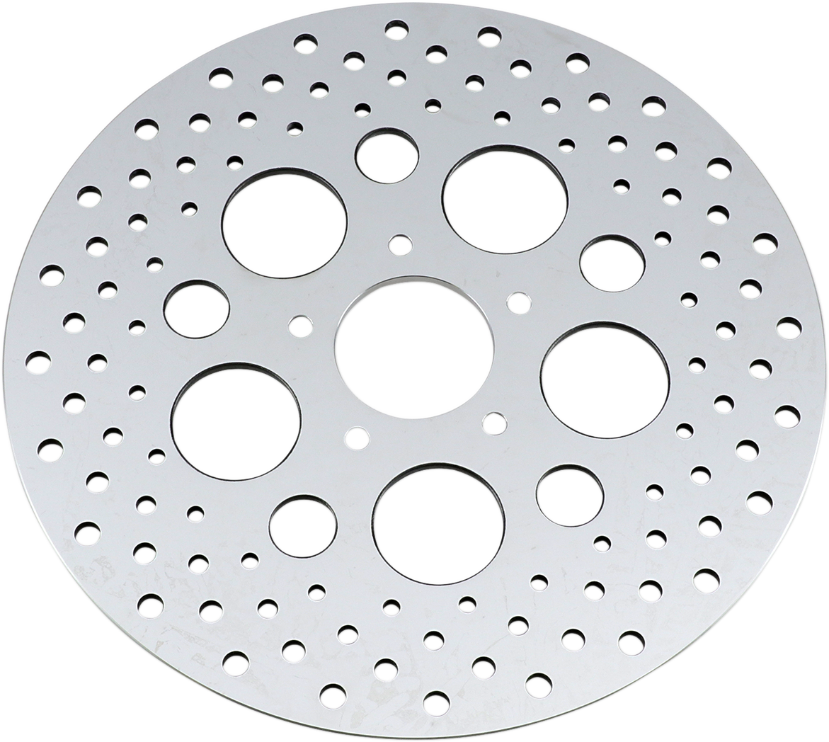 Drag Specialties 11.5-inch front drilled brake rotor for Harley-Davidson motorcycles, featuring ventilated design and durable construction.