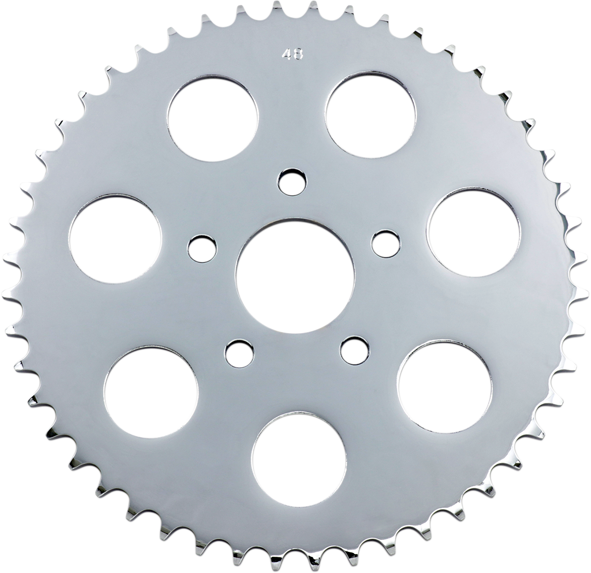 Chrome 48-tooth rear sprocket from Drag Specialties, designed for motorcycle drive systems, with a shiny chrome finish.
