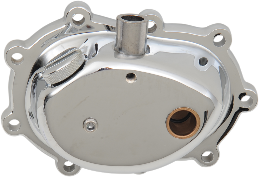 Chrome transmission end cover for Harley-Davidson Big Twin 1936-1986 by Drag Specialties, shown with detailed finish.