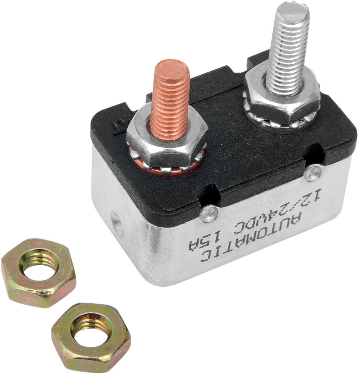DRAG SPECIALTIES 15-Amp Circuit Breaker for Harley Davidson motorcycle, showing the black plastic housing and electrical terminals.