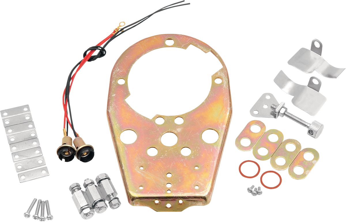 Drag Specialties Cat Eye Dash Cover base plate for motorcycle, with mounting hardware and detailed design.