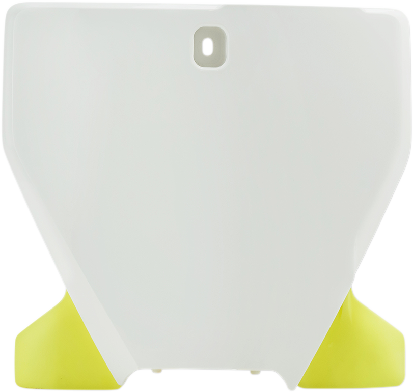 A white and yellow Acerbis front number plate for motorcycle body with visible mounting holes and branding details.