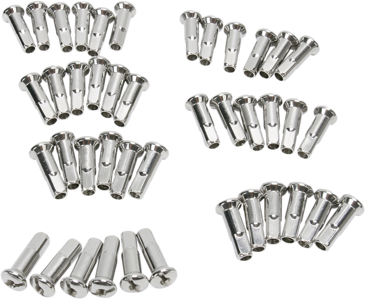 Drag Specialties stainless steel spoke nipples for motorcycle wheels, part 16-0500SS42-HC3, shown in the image.
