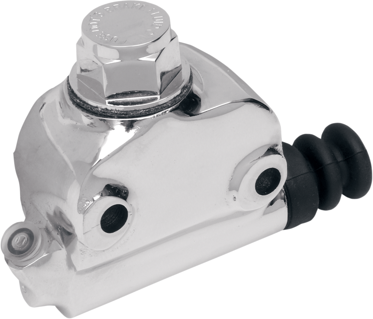 Chrome finish DRAG SPECIALTIES rear master cylinder for motorcycles, with detailed components visible.