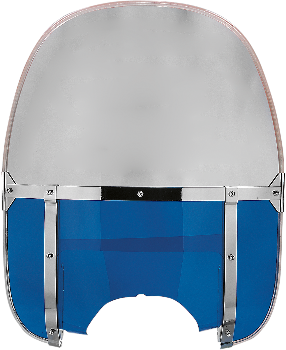 Blue Drag Specialties motorcycle windshield kit with mounting hardware and clear protective film, designed for cruiser bikes.