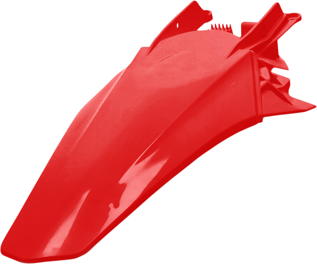 A red ACERBIS rear fender mounted on a motorcycle, featuring a sleek body design and branding details.