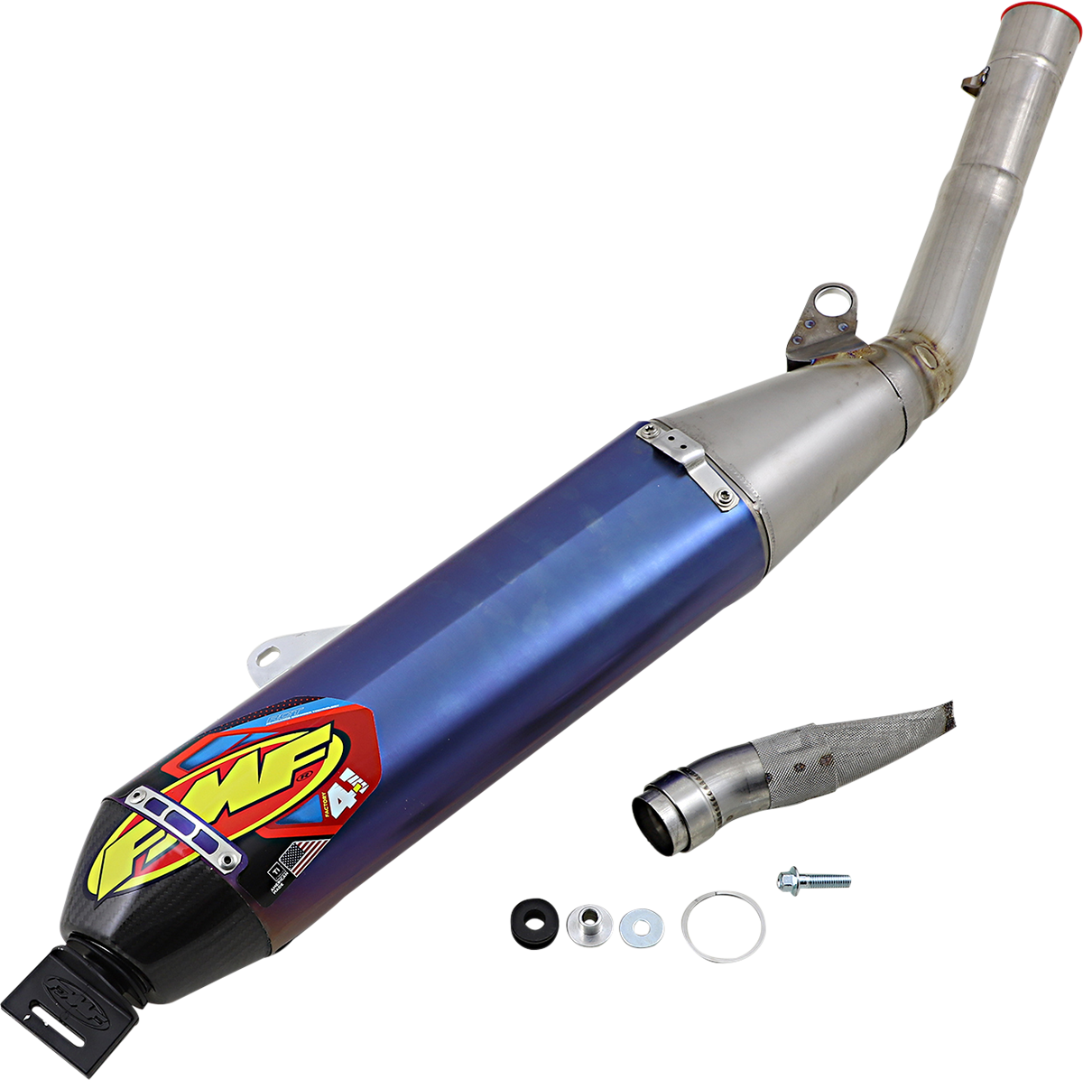 FMF Factory 4.1 RCT Titanium muffler with anodized finish, shown in a sleek, polished design.