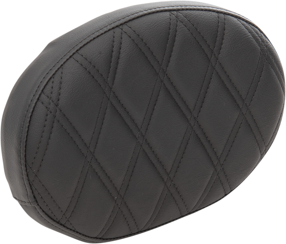 Oval sissy bar pad from Drag Specialties Seats with black double diamond stitching for Harley FL models 1999-2022.