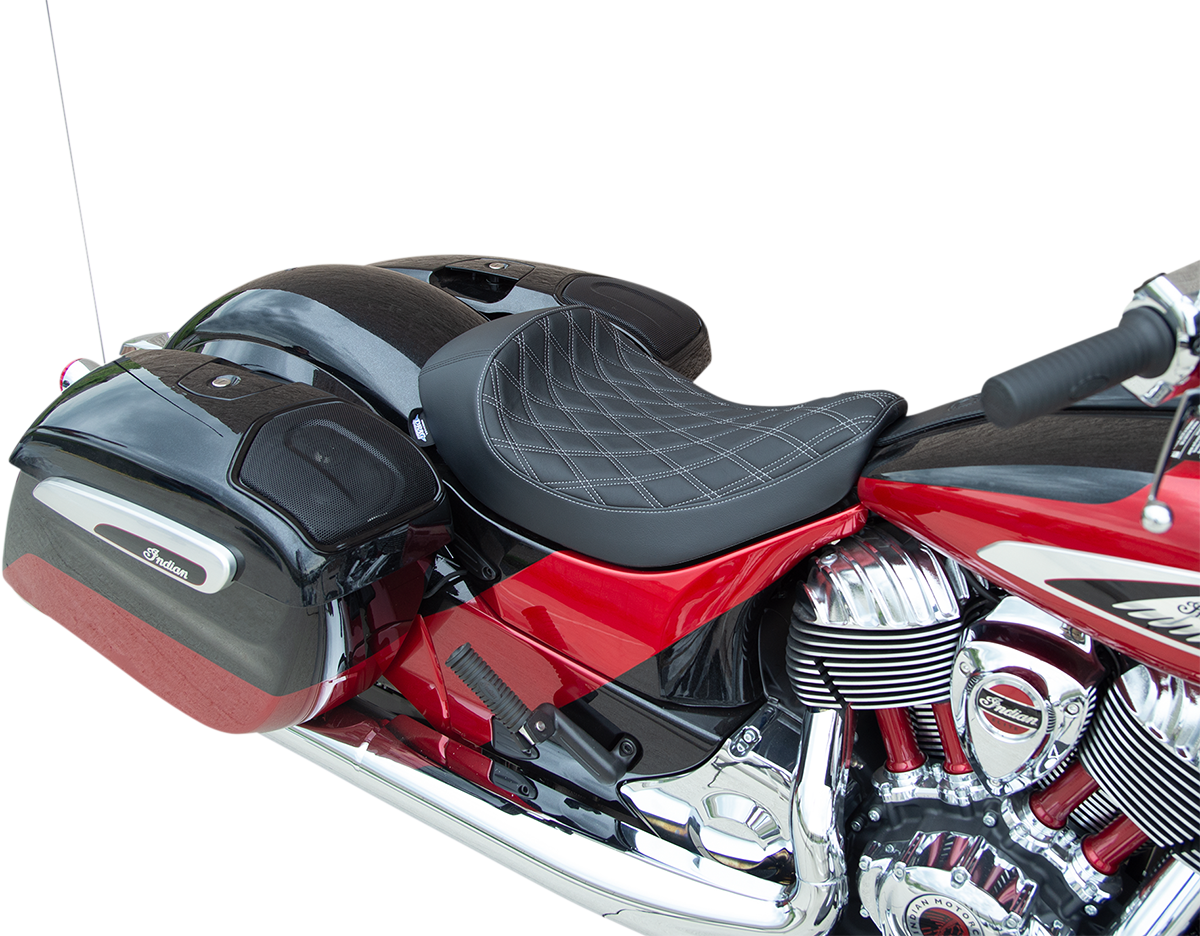 Drag Specialties Solo Seat with Double Diamond stitching and silver accents for Indian motorcycles 2014-2022.