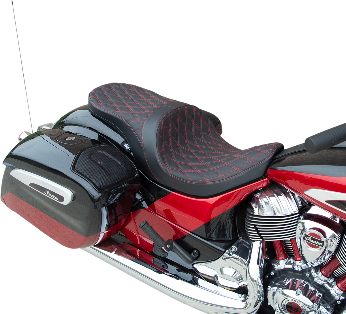 Low profile touring seat by Drag Specialties with double diamond stitching and red accents for Indian motorcycles 2014-2022.