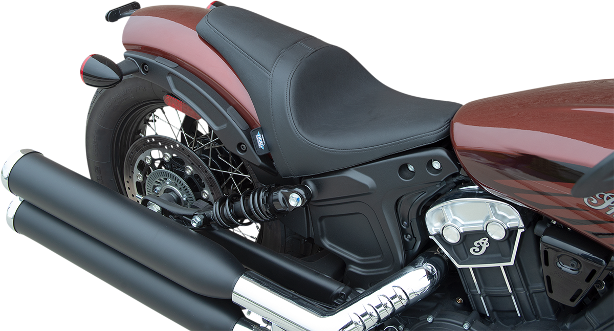 Black Drag Specialties 3/4 solo seat for 2018-2022 Scout Bobber with smooth finish, shown from a side angle.