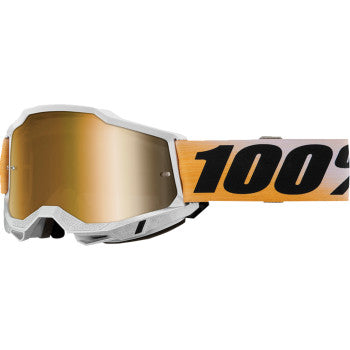 Bill's Exhausts 100% Accuri 2 Goggles in True Gold Mirror with tinted lenses and adjustable strap for motocross riding.