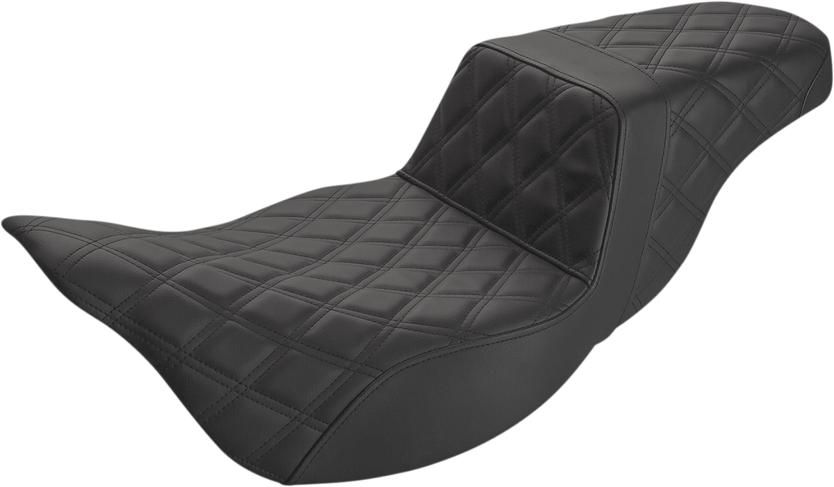 Black SADDLEMEN Step-Up Seat with full lattice stitch for FL models 2008-2023, designed for extended reach and riding comfort.